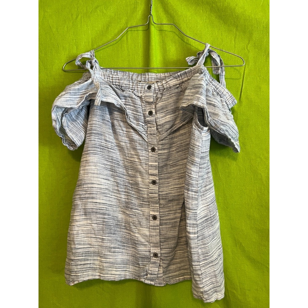 Lucky Brand Top Womens Off The Shoulder Shirt Small Button Blue White Stripe